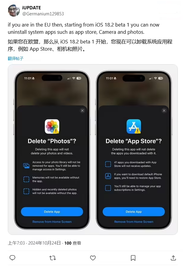 桥西苹果手机维修分享iOS 18.2 支持删除 App Store 应用商店 